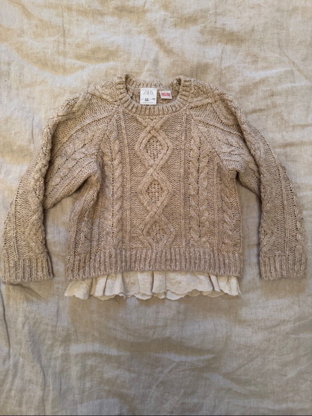 Zara Beige Cottage Cable-Knit Sweater with Lace Trim